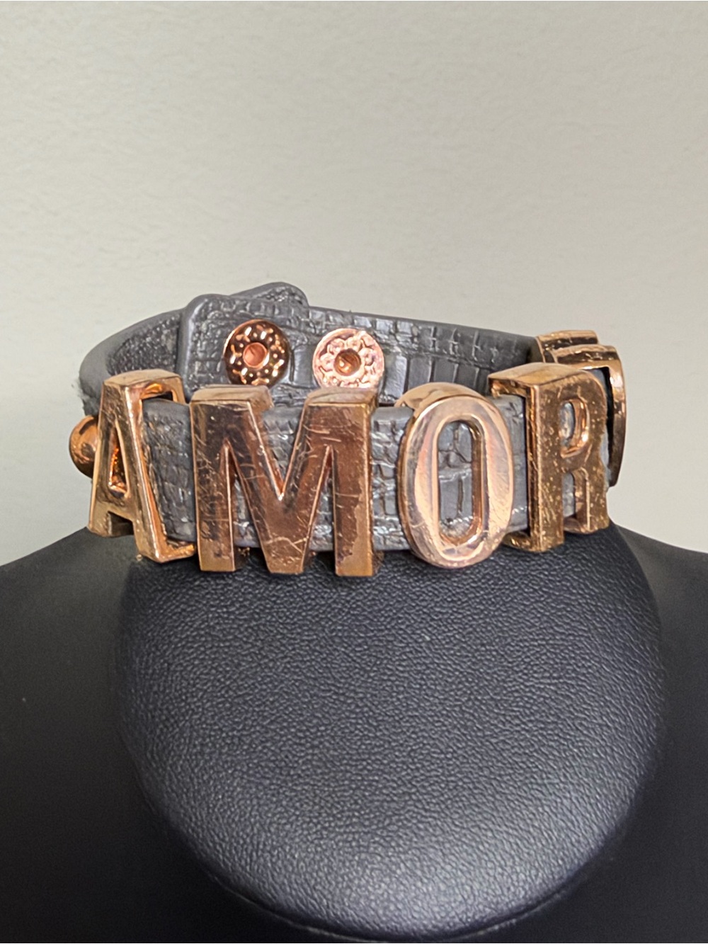 BcbGeneration AMOR Rose Gold Letter Grey Leather Bracelet